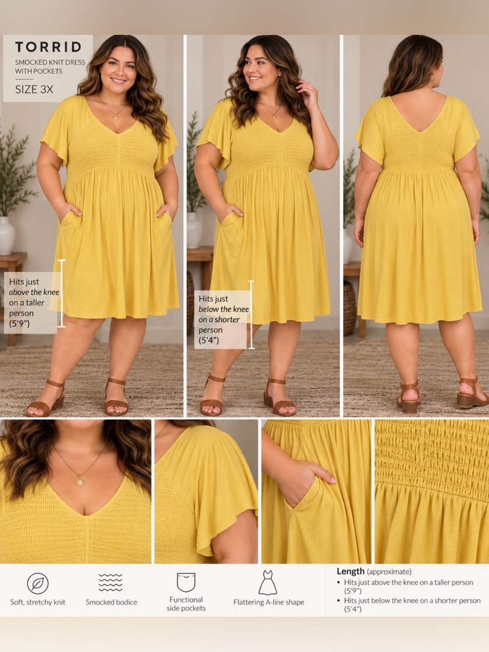 torrid - 3X - Yellow Smocked Knit A-Line Dress with Pockets